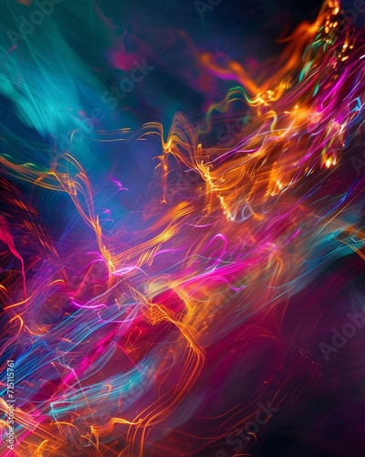 abstract color background with motion blurred lights and shadow, long exposure A mind-bending image capturing streaks of vibrant light resembling tachyon particles in motion.