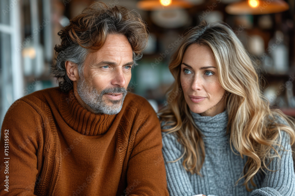 Portrait of loving mature couple sitting in cafe and looking at camera