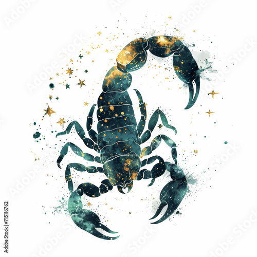 Horoscope. Scorpio zodiac sign. Double exposure illustration combined with raw ink drawing of stars and constellations. Dark blue, green and gold color scheme. White background.