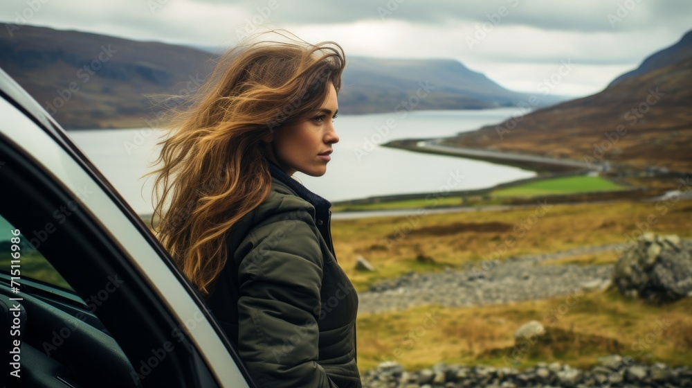 Female tourist looks at an Irish landscape from the side of her car. 