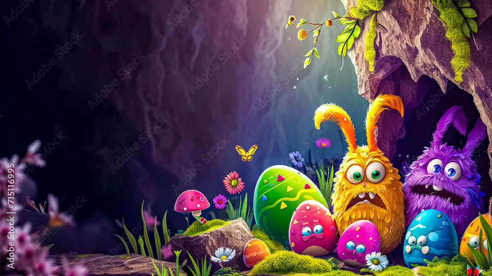 A magical Easter scene in a whimsical forest setting with playful, brightly colored creatures and ornately decorated eggs, creating a festive and enchanting atmosphere. A magical Easter scene in a whimsical forest setting with playful, brightly colored creatures and ornately decorated eggs, creating a festive and enchanting atmosphere.
