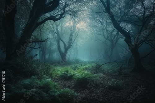 Mysterious enchanted woodland at night with misty atmosphere. Generative AI © Amelia