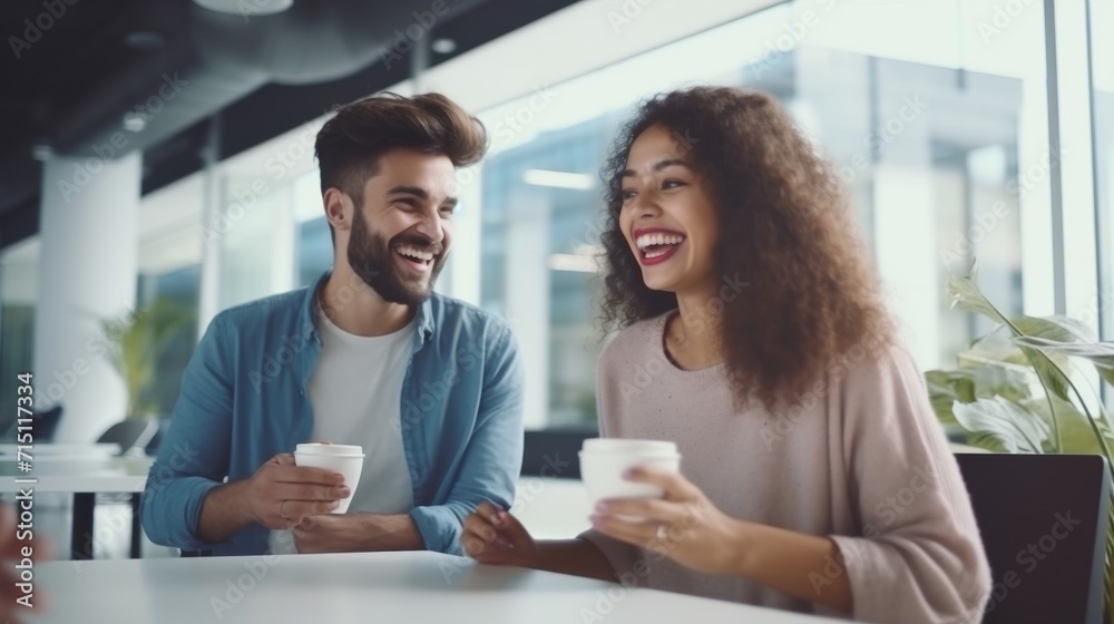 A couple of diverse ethnicities in office building, drinking coffee, having a laugh, blurred, high-tech background A couple of diverse ethnicities in office building, drinking coffee, having a laugh, blurred, high-tech background