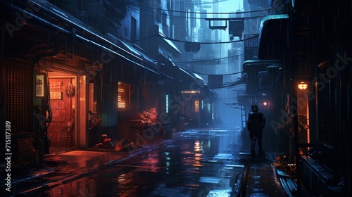 A cyberpunk alleyway in the rain with reflective surfaces and neon lights