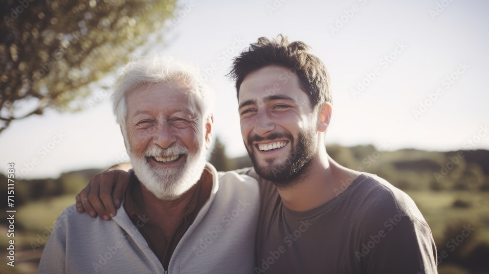 Fototapeta premium Middle-aged son and father sharing a laugh in the outdoor sunshine.