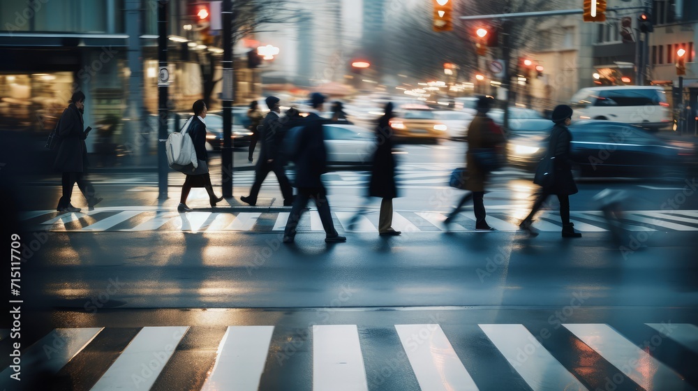 Group of People Crossing Street at Night, Urban Night Scene With Pedestrians Group of People Crossing Street at Night, Urban Night Scene With Pedestrians