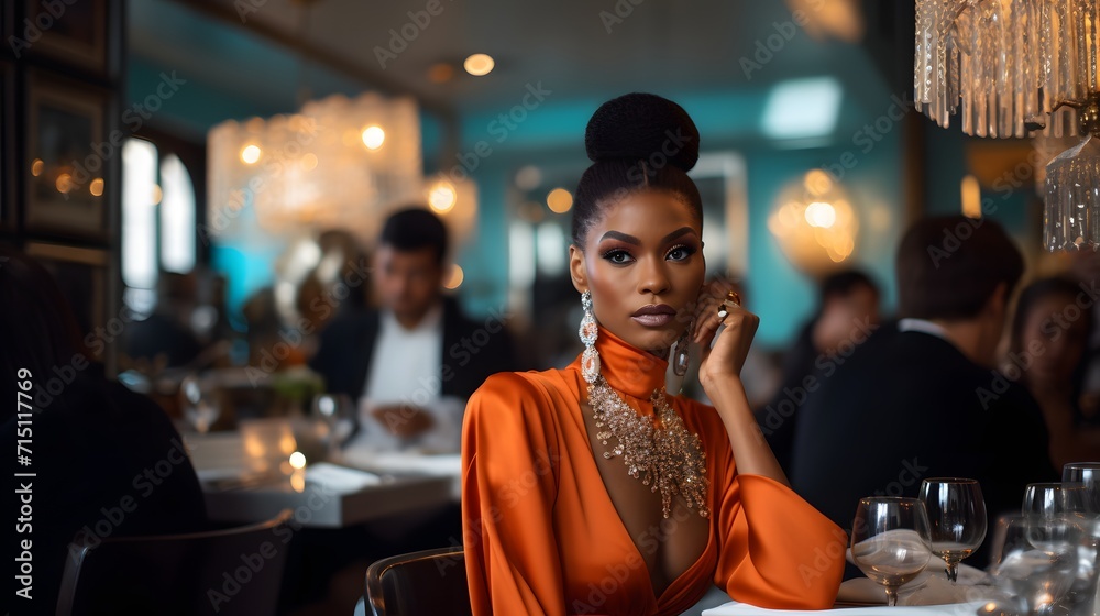 An elegant black lady poses while at the dinner table