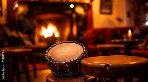 Bodhran in the Pub Corner: As the fire crackles, a bodhran leans quietly in the corner photo