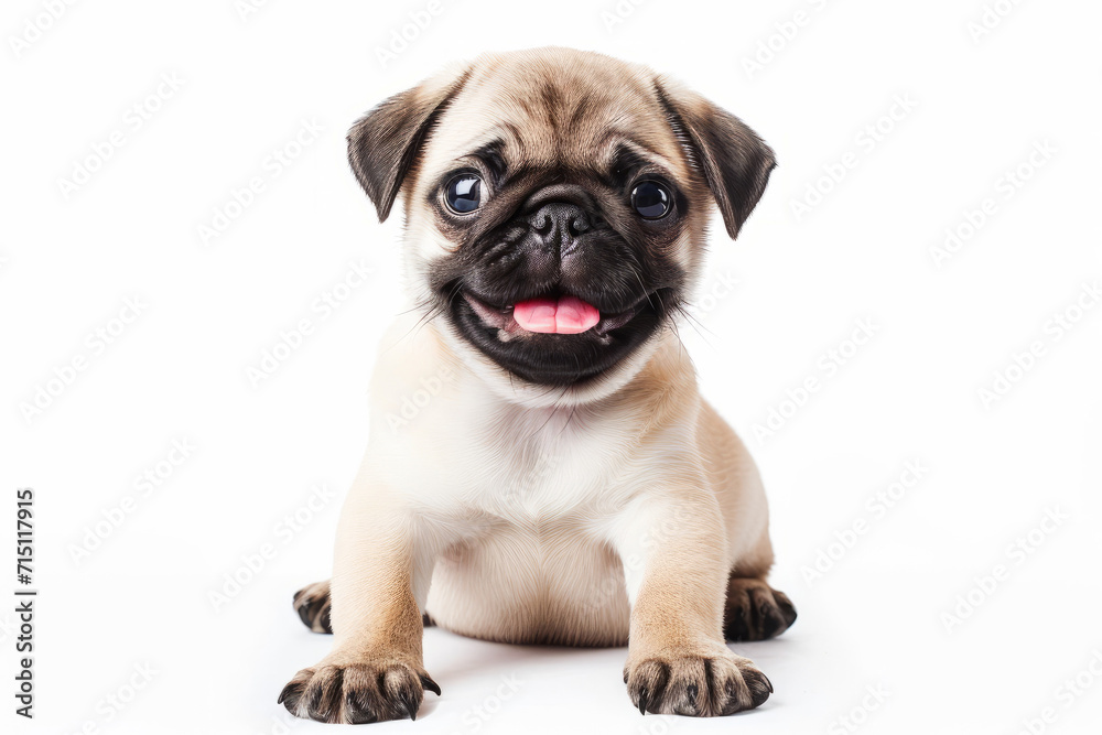 Closeup Full Body Photograph of a Happy Pug Puppy Lying Down with a Playful Smile, Isolated on a Solid White Background