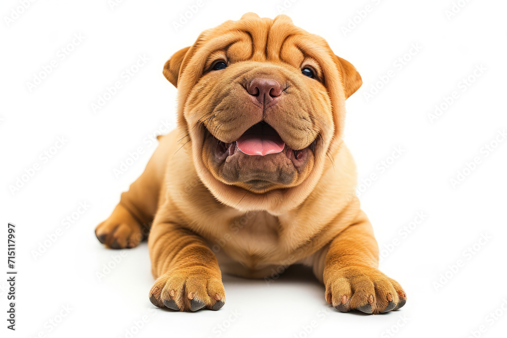 Closeup Full Body Photograph of a Happy Shat Pei Puppy Lying Down with a Playful Smile, Isolated on a Solid White Background Closeup Full Body Photograph of a Happy Shat Pei Puppy Lying Down with a Playful Smile, Isolated on a Solid White Background