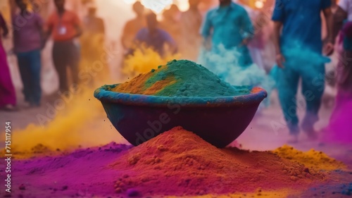 Abstract template on dust powder explosion Holi backdrop. Indian traditional Holiday, generative AI photo