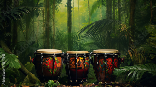 Bongos in the rainforest under a canopy of lush foliage, a pair of bongos wait to be played photo