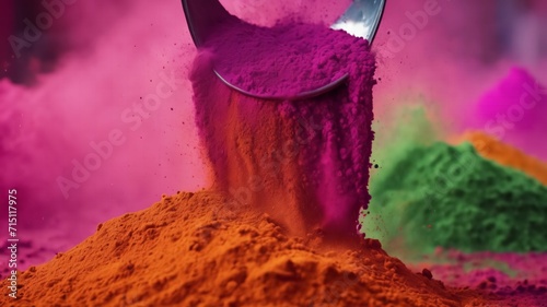 Abstract template on dust powder explosion Holi backdrop. Indian traditional Holiday, generative AI photo