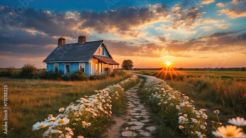 Daisy field, pathway, cottage, daisy field, cloud, blue sky, sea view, vibrant colors