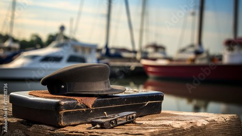 Harmonica at the Harbor on a weathered dock, a harmonica lies next to an old sailor's cap photo