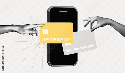 Trendy Halftone Collage Hands holding Credit Cards on phone screen. Online payment concept. Keeping money safe. Financial transactions. Banking loan and e-commerce. Vector contemporary art