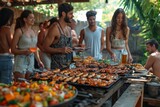 A diverse group of friends enjoying a sunny afternoon, gathered around a sizzling grill filled with mouthwatering street food, as a man and woman cook and a girl and guy stand by in stylish outdoor c