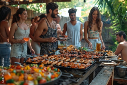 A diverse group of friends enjoying a sunny afternoon, gathered around a sizzling grill filled with mouthwatering street food, as a man and woman cook and a girl and guy stand by in stylish outdoor c