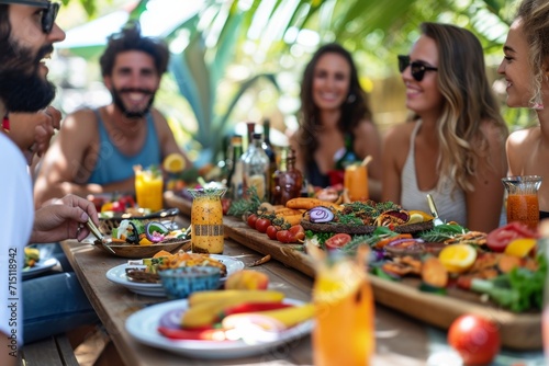 A diverse group of individuals gathered around a table  adorned in fashionable clothing and enjoying a delicious outdoor meal  with bottles of drinks in hand and beaming expressions on their human fa