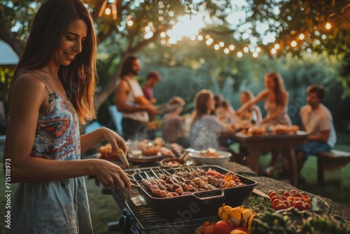 A woman stands gracefully outdoors, donning her apron as she prepares succulent street food on a sizzling grill, surrounded by vibrant vegetables and the aroma of mouthwatering barbecue