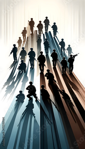Silhouetted Armed Forces Divided on Gradient Backdrop, Power & Solidarity Concept - Military Vector Illustration with Rifle-Armed Soldier Silhouettes for Defense and Strategy Themes