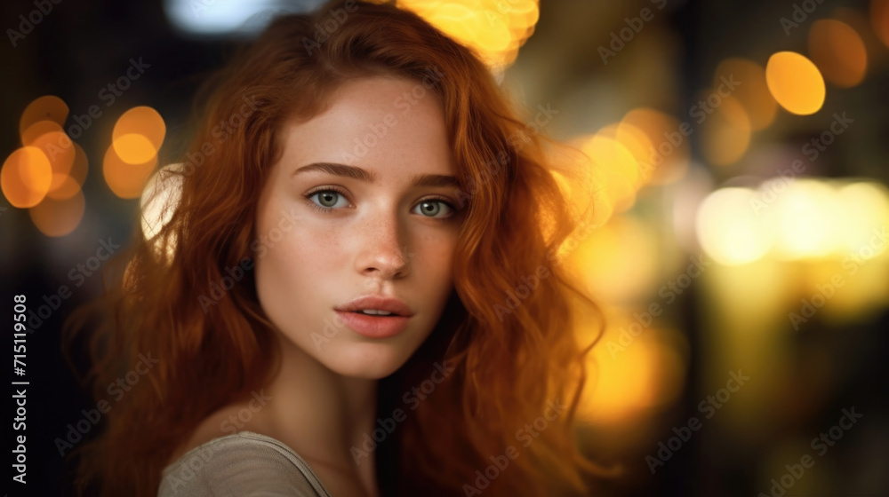 Βeautiful young white redhead tanned woman with red lips looks at camera on street of night city. Female portrait closeup. Concept of nightlife, club, bar, pub. Red and white bokeh lights. Copyspace	