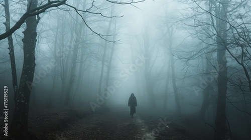 Silhouette walking in a foggy forest photo