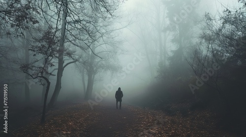 Silhouette walking in a foggy forest photo