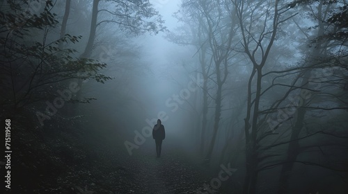Silhouette walking in a foggy forest