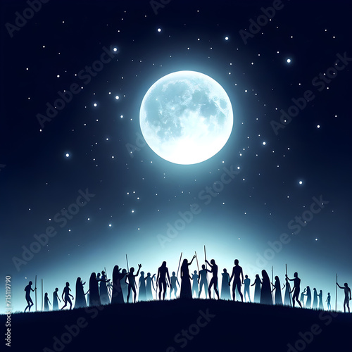 Majestic Full Moon Gathering: Early Humans in Awe on Hilltop at Night, Starry Sky Silhouettes - Concept of Wonder, Mystery, and Human Connection