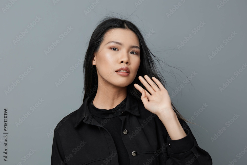 Woman pretty girl fashion beautiful smile portrait skin asian grey background face healthy beauty Woman pretty girl fashion beautiful smile portrait skin asian grey background face healthy beauty