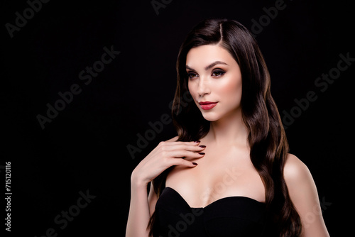 Photo of gorgeous lady celebrity on vip event occasion touch flirt millionaire guy over dark background