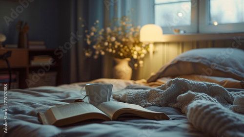 A softly illuminated and inviting bedroom features a coffee or tea cup alongside an open book resting on the bed. Generative AI photo