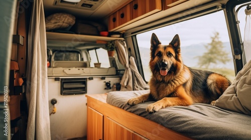 Couple with cute dog traveling together on vintage mini van transport. photo