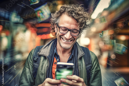 Man Smiling at Phone, Walking in Evening City, with Motion Blur of Money and Illuminated Shops Behind.