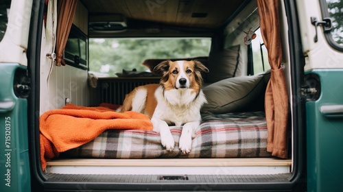Couple with cute dog traveling together on vintage mini van transport.