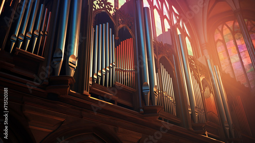 Pipe organ in the old cathedral, the stained glass windows casting a divine blur of colors photo