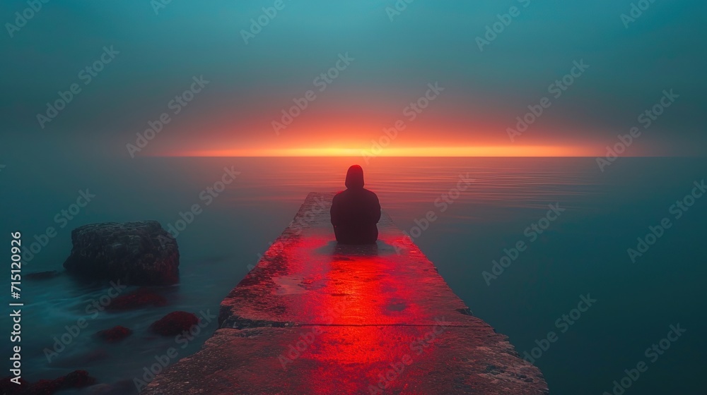 Lone man sitting on seashore observing stormy foggy sea. Sunset colored landscape. Concept of loneliness and solitude. AI