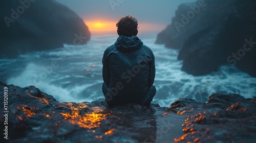 Lone man sitting on seashore observing stormy foggy sea. Concept of loneliness and solitude. AI