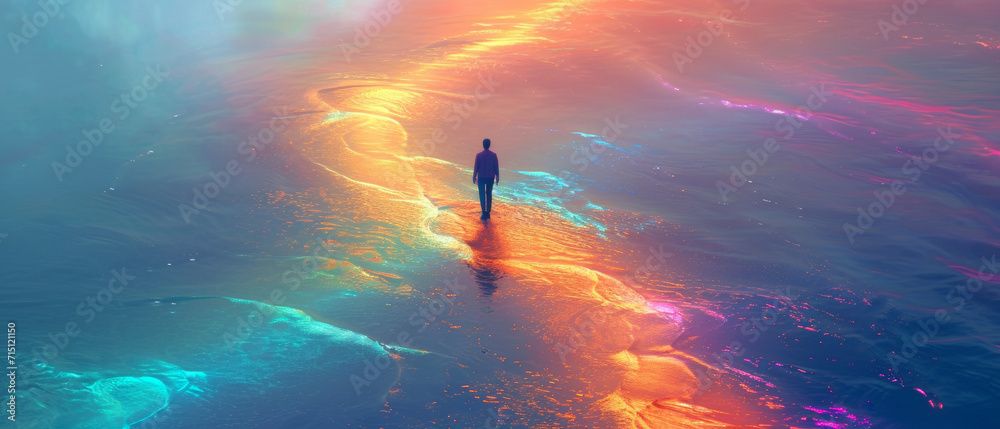 Solitary man walking on an iridescent lake. Surreal illustration, sense of loneliness and solitude. Dreamlike setting. Solitary man walking on an iridescent lake. Surreal illustration, sense of loneliness and solitude. Dreamlike setting.