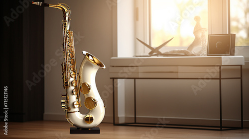 White electric bass and a gleaming brass saxophone on a polished mahogany desk photo