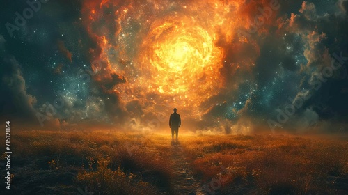 Silhouette of a man walking into cloudy portal. Concept of unknown. AI