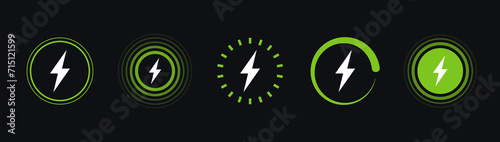 Wireless charger icons. Wireless charging battery. Battery charge sign with lightning and waves. Electromagnetic charger icons. Vector illustration.