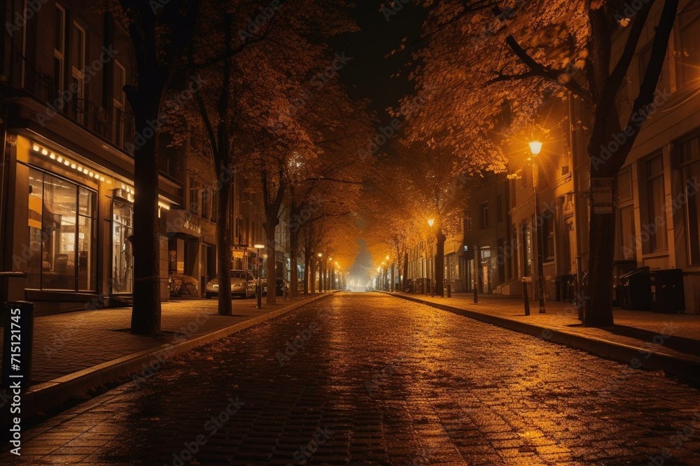 Illuminated urban street. Generative AI