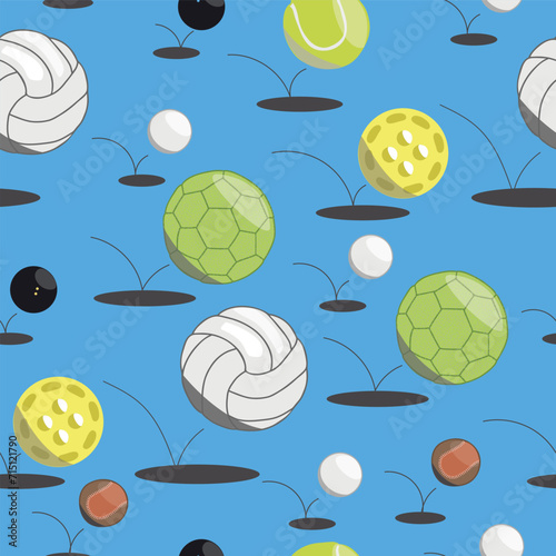 This Blue Court Floor Has Jai Alai Balls, Volleyballs, Pickle Balls, Tennis Balls, Squash balls, Ping Pong Balls, and Handballs Bouncing on It Creating a Seamless Repeat Pattern Design.