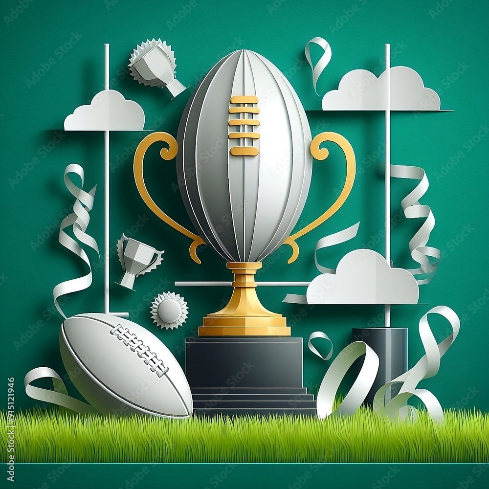 Rugby ball with a Trophy Design Illustration for green Background with ...
