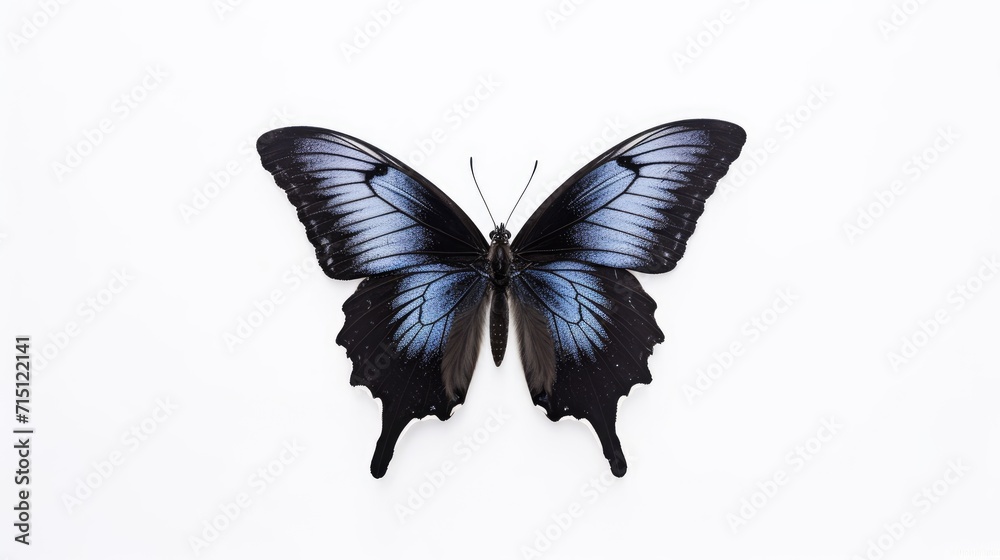 Fototapeta premium One blue butterfly on a white background. AI generated.