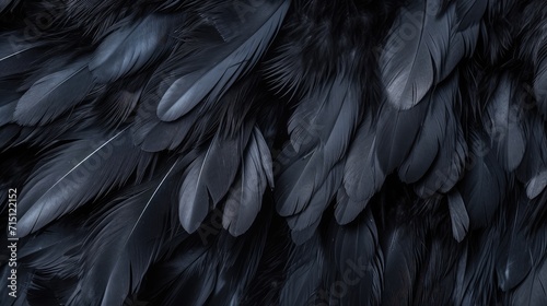 Black feathers texture background. AI generated