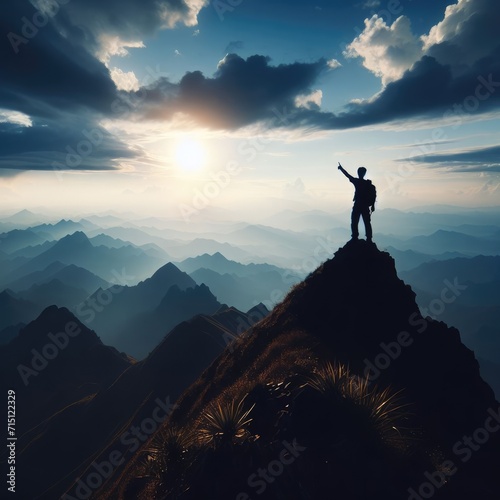 Silhouette of a person on a mountain top pointing to the sky.