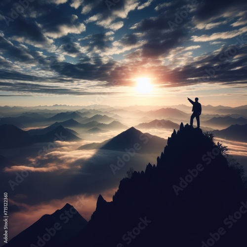Silhouette of a person in the mountains pointing to they sky at sunset.